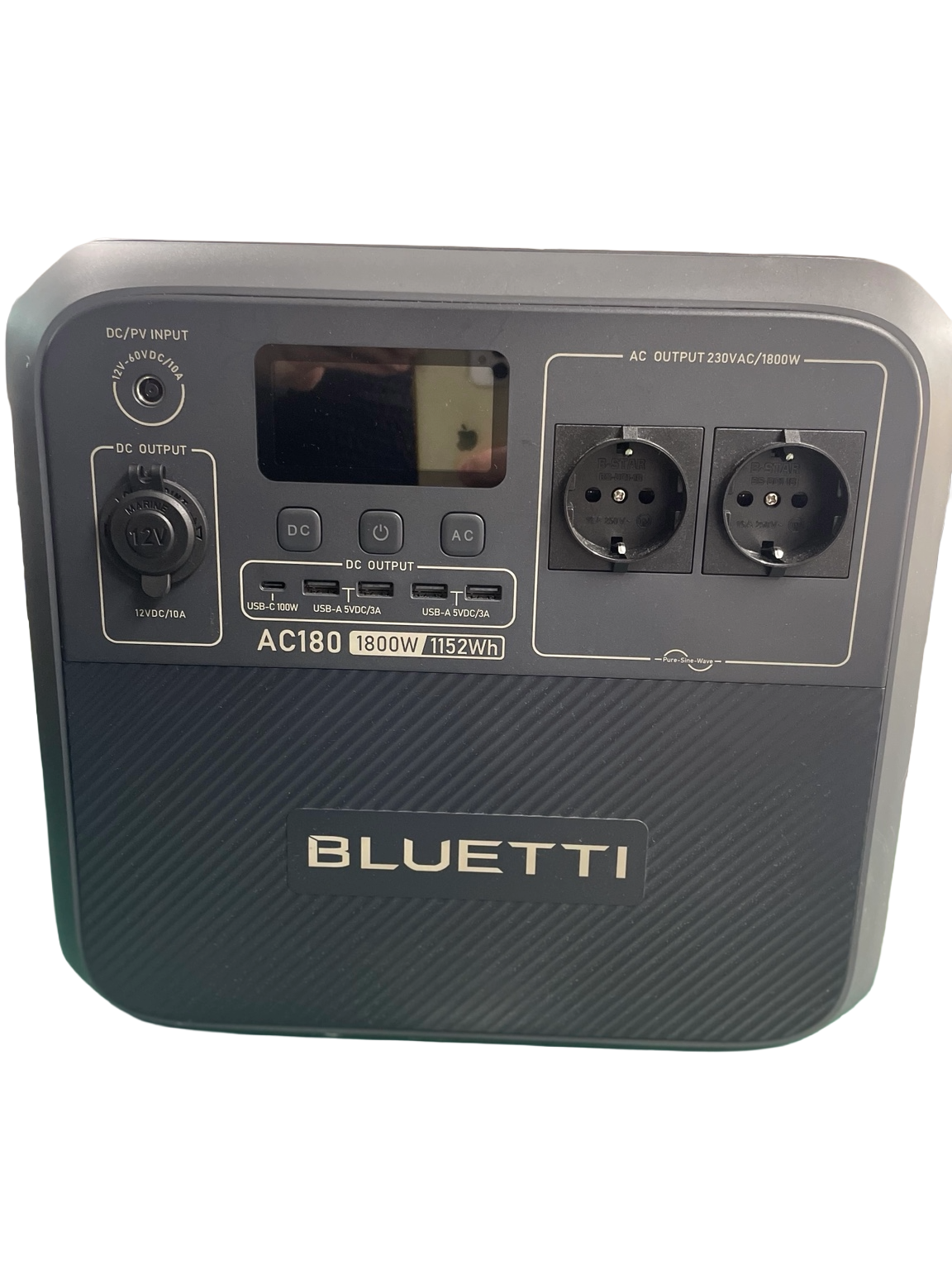 Alquiler batería portátil Bluetti AC180 frontal para eventos, ferias y stands