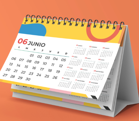 Detalle de espiral y base tipo caballete del calendario de sobremesa