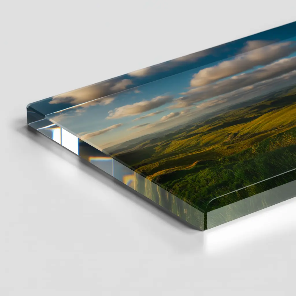 Bloque de metacrilato con foto apoyado sobre una mesa