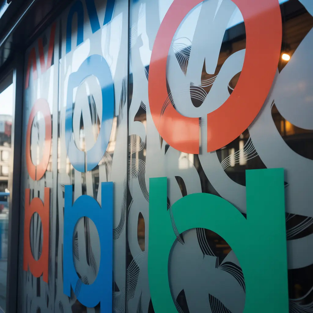 Detalle de vinilo ácido con logotipo en puerta de cristal