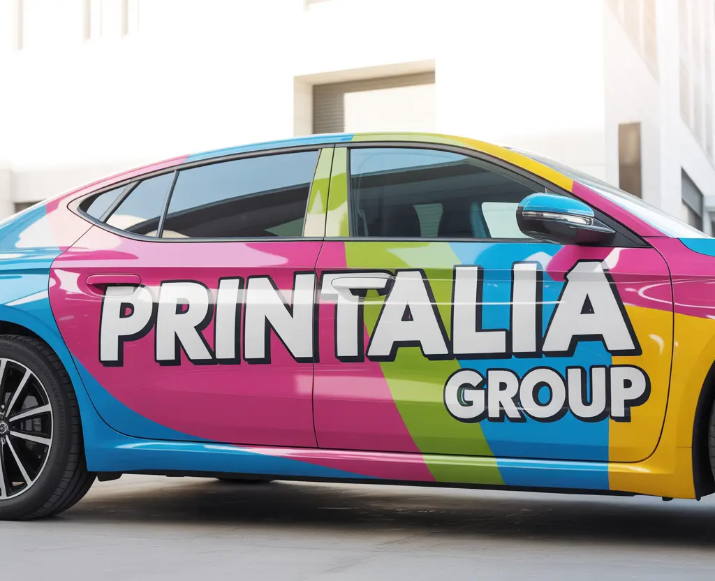 Detalle de vinilo adhesivo para vehículo sobre carrocería blanca