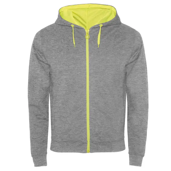 sudadera con cremallera y capucha gris y amarillo