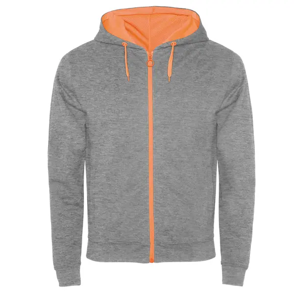 sudadera con cremallera y capucha gris y naranja