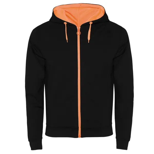 sudadera con cremallera y capucha negra y naranja
